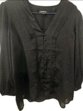 Express Black Button Blouse Women’s Large Long Sleeve Pleated V Neck Top 💵